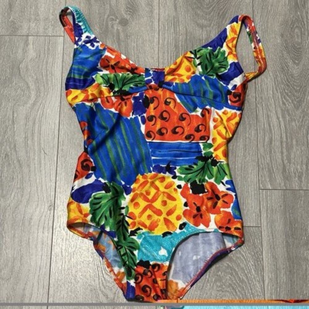 Vtg 80s Gottex One Piece Swimsuit 8 Multicolor Exotic Floral Ctr Knot Lined Bra